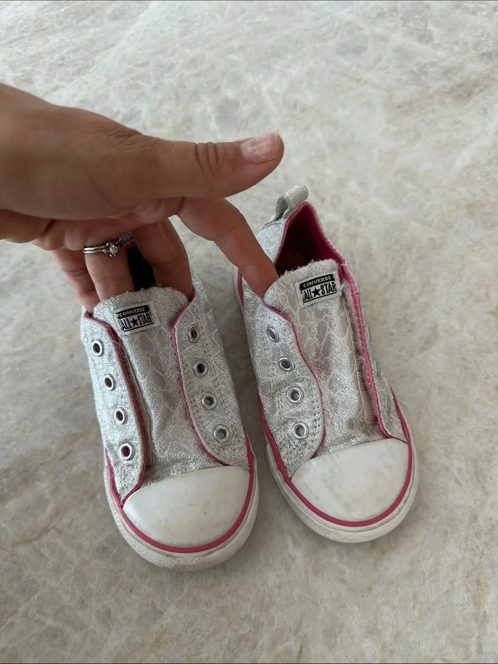 Converse Kids Silver Glitter Slip-On Sneakers with Pink Trim 9